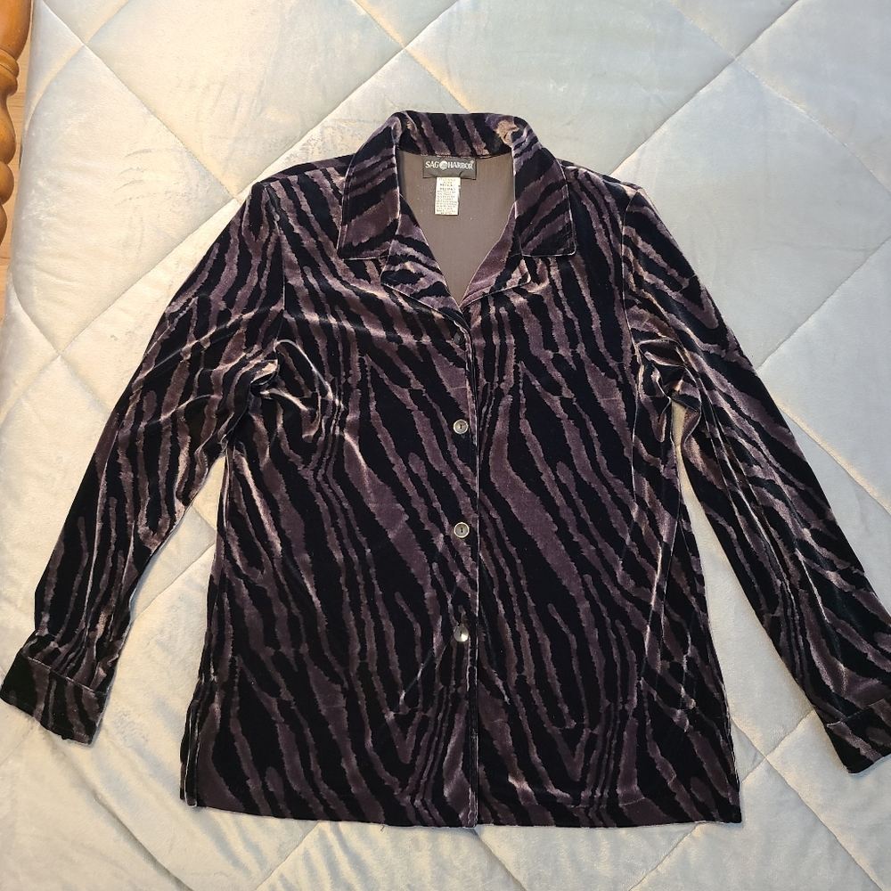 Sag Harbor Velvet Brown & Black Stripe Blouse Size Medium